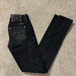 MISS ME Black SKINNY Sparkling FLEUR DE LIS Mid Rise STRETCH Denim JEANS 24